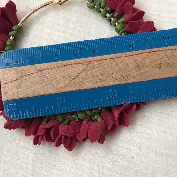 hand made floral earrings, gold earrings, flowers are maroon colour, large hoops - Picture 4 of 4